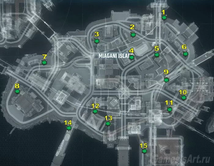 Batman Arkham Knight. Остров Миагани. Расположение разрушаемых объектов Batman Arkham Knight